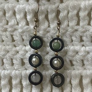 Aventurine, pearl, and clear quartz earrings